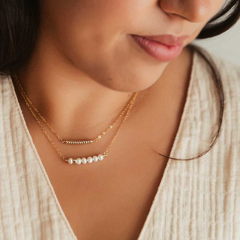 Strut |  Comfort Collection - White Pearl & Gold Bead Bar Necklace